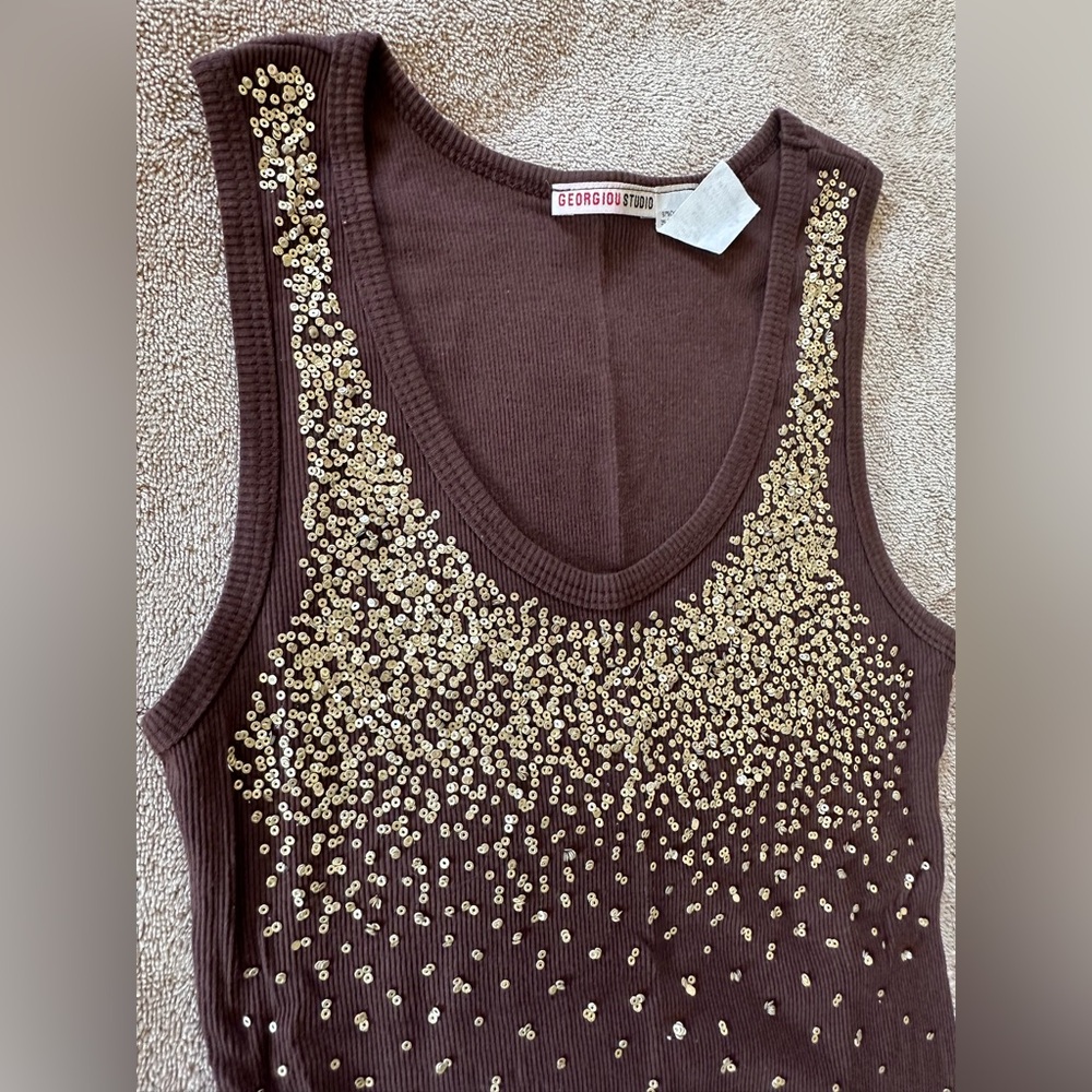 Brown Sleeveless Ribbed Tank with Gold Embellishments